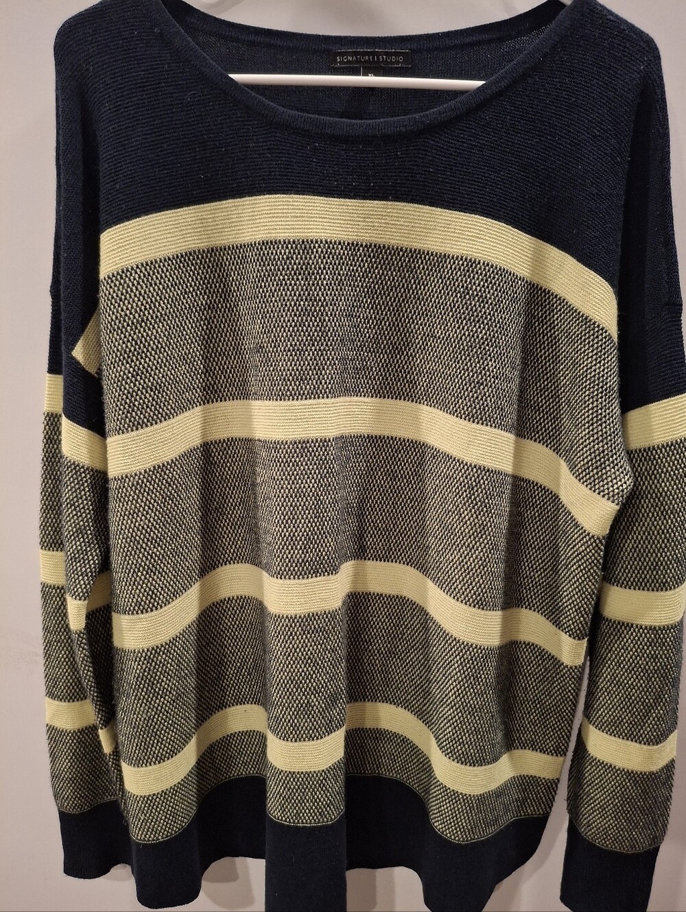 Signature Studio Navy Crewneck Sweater with Yellow Stripes